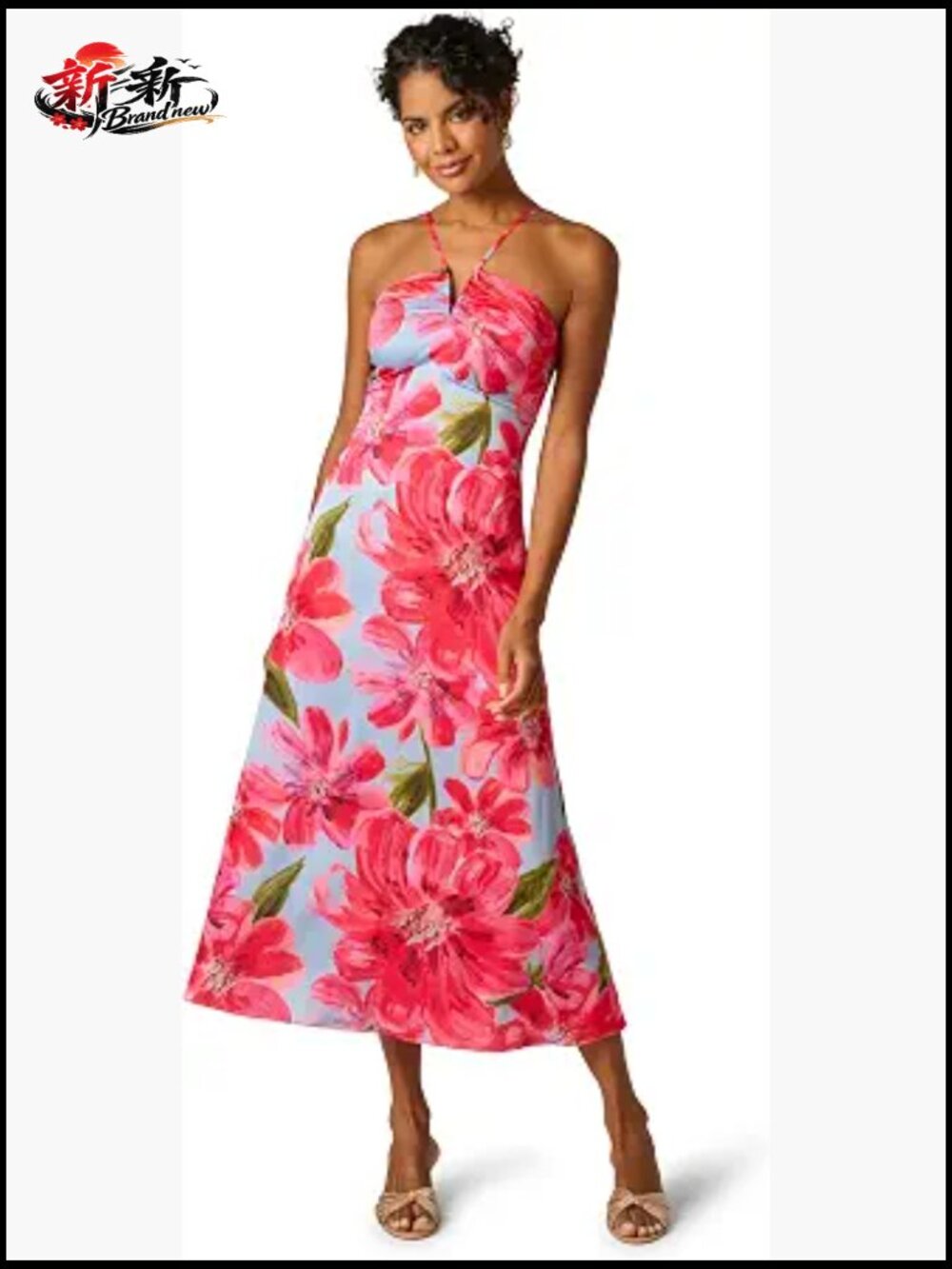Floral Crepe Halter Midi Dress Sleeveless Zipper